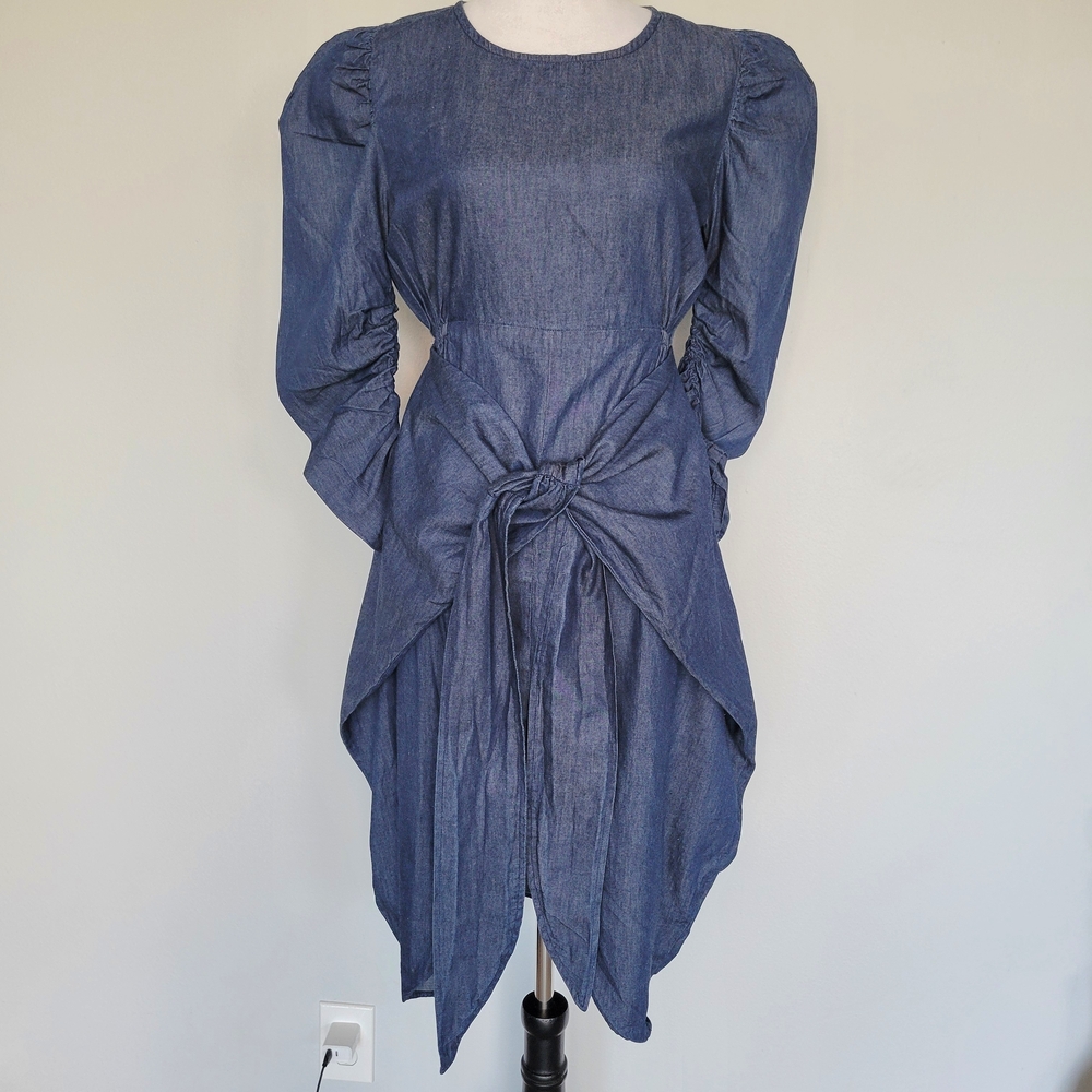 PADOVA Indigo Blue Denim Midi Front Tie Slit Puff 3/4 Sleeves Pull On Dress Sz 6
